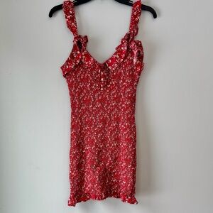 Japna Smocked Red Floral Dress with Ruffle Details Tie Front